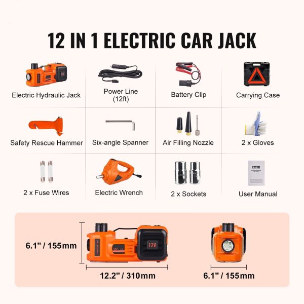 VEVOR Electric Car Jack, 5 Ton 12V Electric Hydraulic Car Jack with Impact Wrench Inflator Pump for SUV Sedans - Image 9